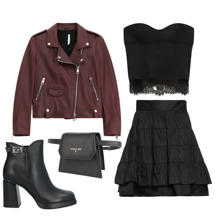 Outfit donna - Rock & Glam. Stile Rock per Tutti i giorni. Abbinamento con stivaletti, marsupi, minigonne, top, giacche.