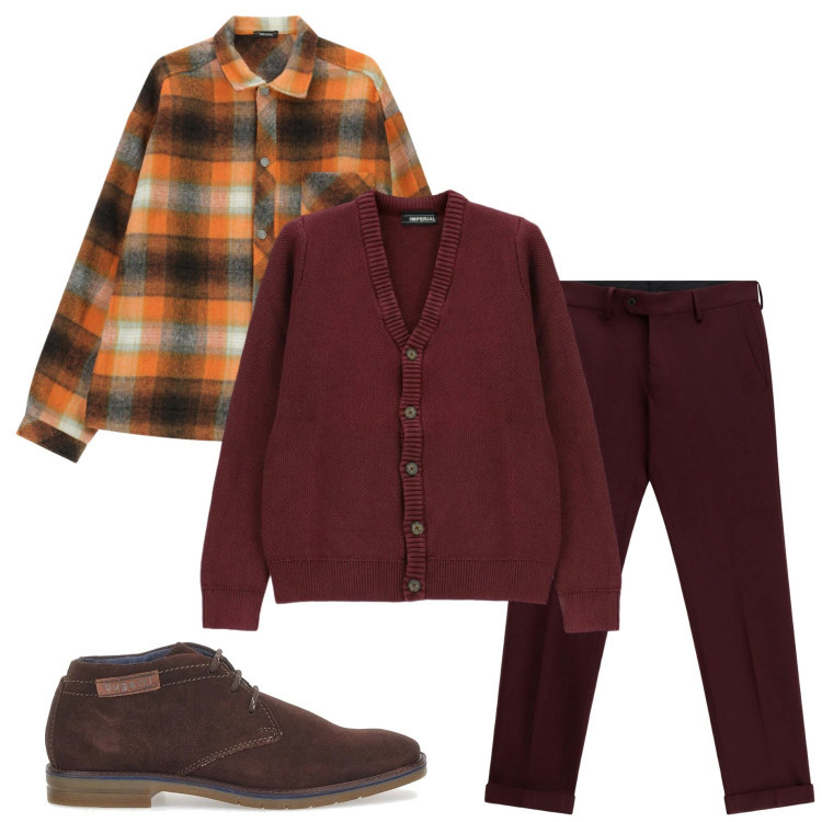 Outfit uomo - Gennaio. Stile Urban per Tutti i giorni. Abbinamento con pantaloni, camicie, cardigans, scarpe stringate.