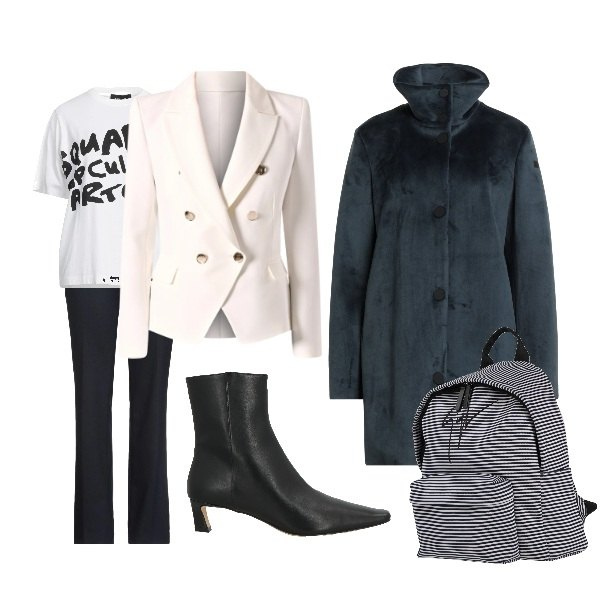 Outfit donna - Col freddo. Stile Basic per Tutti i giorni. Abbinamento con cappotti, zaini, stivaletti, pantaloni, t-shirt, blazer.