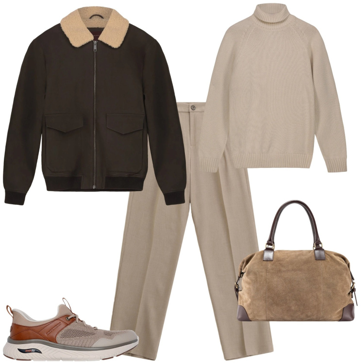 Outfit uomo - Trendy week end fuori porta. Stile Trendy per Tutti i giorni. Abbinamento con pantaloni, scarpe stringate, borse sportive, pullovers, bomber.