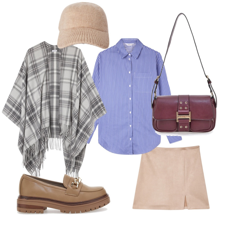 Outfit donna - Shopping in galleria. Stile Casual per Tutti i giorni. Abbinamento con minigonne, camicie, cappelli con visiera, cappotti, mocassini, borse a tracolla.