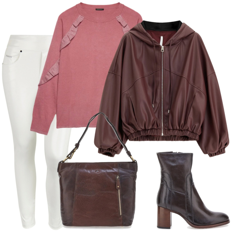 Outfit donna - Gennaio. Stile Casual chic per Tutti i giorni. Abbinamento con bomber, pantaloni skinny, stivaletti, maglieria, borse a spalla.