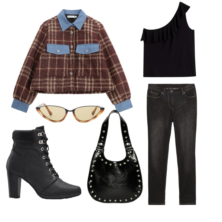 Outfit donna - Tweed e Denim: Il Nuovo Vintage. Stile Urban per Tutti i giorni. Abbinamento con jeans boyfriend, stivaletti, top, blazer, occhiali da sole, borse a spalla.