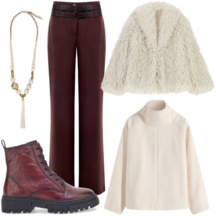 Outfit donna - Raffinata presenza. Stile Casual chic per Tutti i giorni. Abbinamento con maglieria, ecopellicce, pantaloni, anfibi, ciondoli.