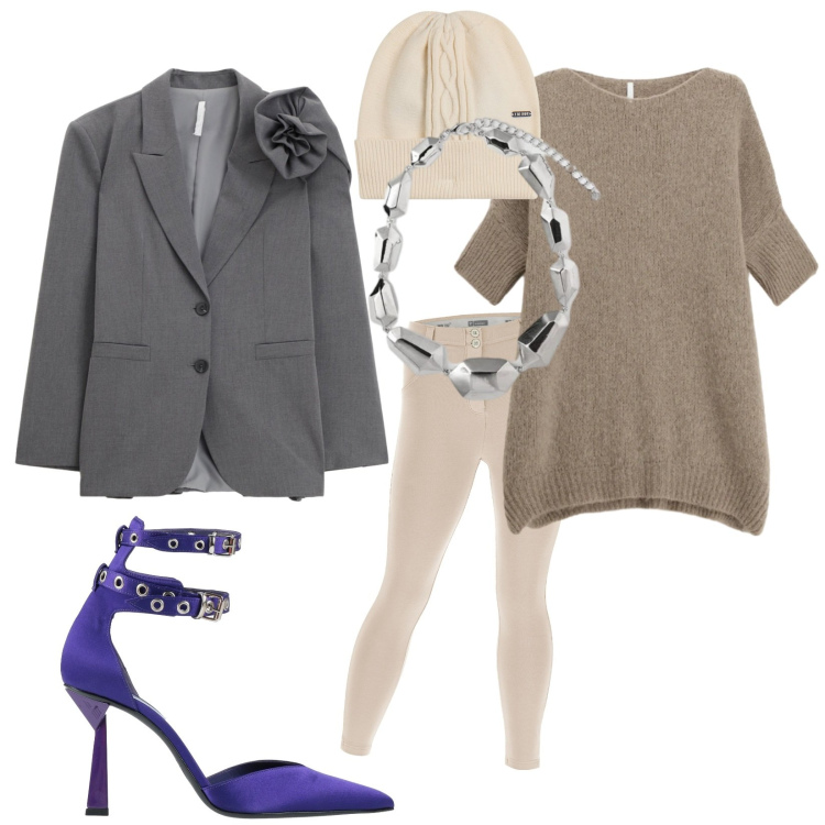 Outfit donna - Viola zen. Stile Casual chic per Tutti i giorni. Abbinamento con décolleté, blazer, maglieria, pantaloni skinny, berretti, ciondoli.