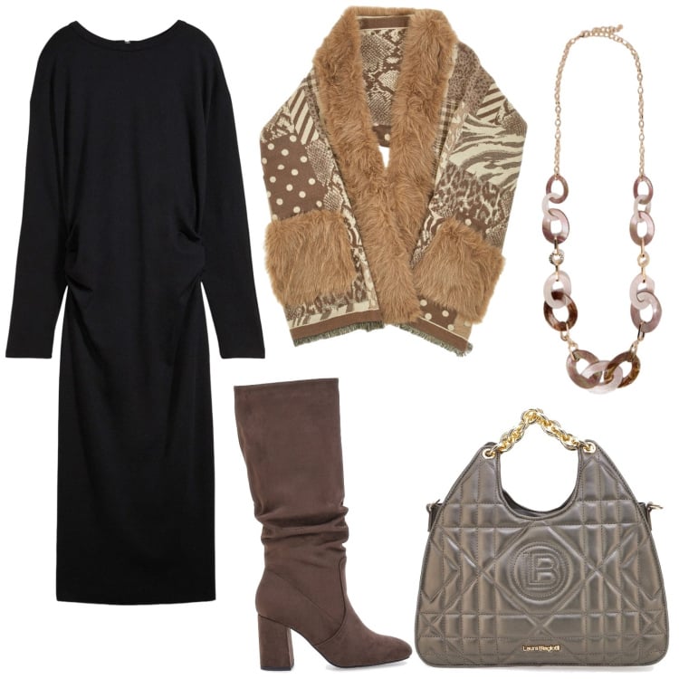 Outfit donna - Passeggiata in città. Stile Chic per Tutti i giorni. Abbinamento con vestiti midi/longuette, cappe, borse a mano, stivali sopra il ginocchio, collane.