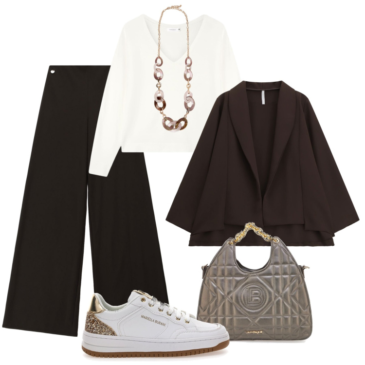 Outfit donna - Moro, bianco, oro in ufficio. Stile Casual chic per Ufficio. Abbinamento con maglieria, pantaloni a palazzo, blazer, sneakers, collane, borse a mano.