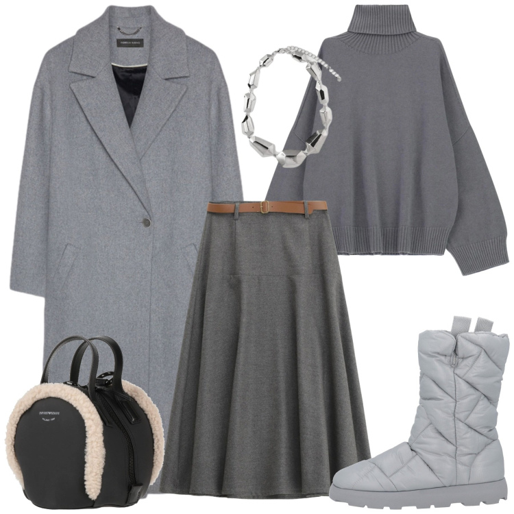 Outfit donna - Inverno in grigio. Stile Casual chic per Tutti i giorni. Abbinamento con zaini, stivaletti, gonne lunghe, maglieria, ciondoli, cappotti.