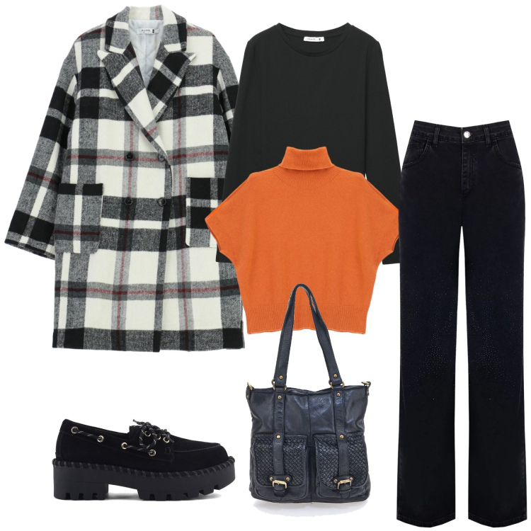 Outfit donna - Total look #2322442. Stile Casual chic per Tutti i giorni. Abbinamento con t-shirt, cappotti, maglieria, jeans dritti, borse a spalla, mocassini.