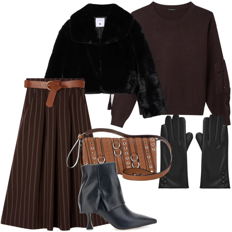 Outfit donna - Terranova look. Stile Casual chic per Tutti i giorni. Abbinamento con guanti, ecopellicce, maglieria, gonne longuette, borse a spalla, stivaletti.