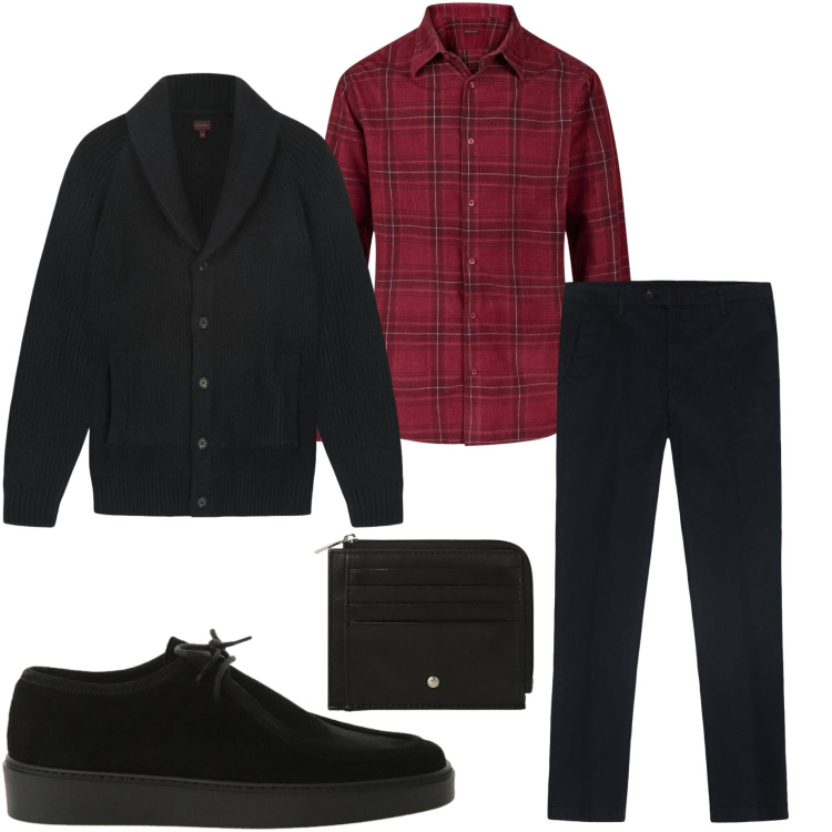 Outfit uomo - Gennaio. Stile Urban per Tutti i giorni. Abbinamento con portafogli, scarpe stringate, pantaloni, camicie, cardigans.
