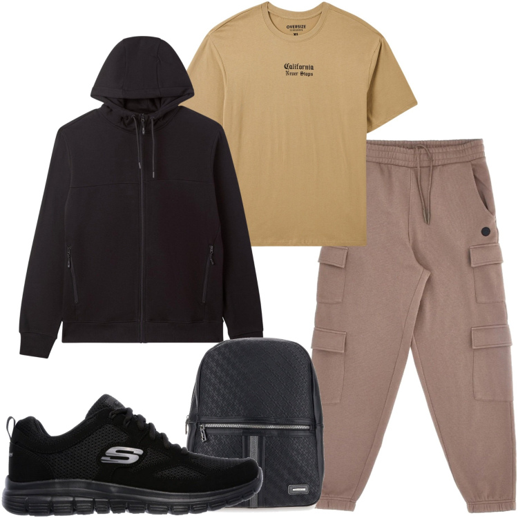 Outfit uomo - Casual style. Stile Casual per Sport. Abbinamento con t-shirt, felpe con cappuccio, borse sportive, pantaloni cargo, sneakers.