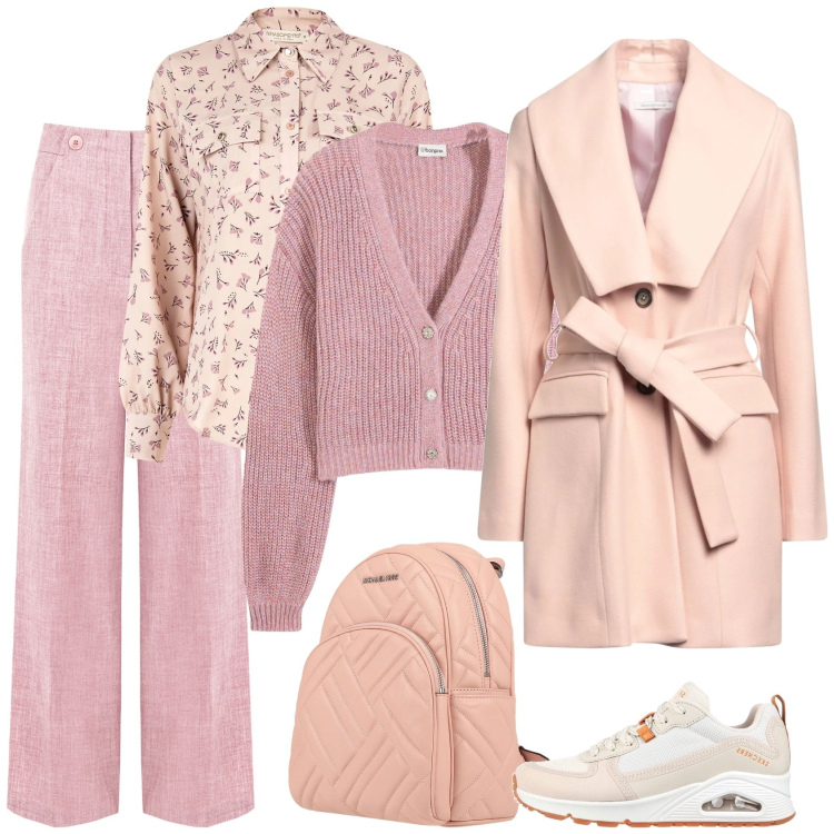 Outfit donna - Vedo rosa. Stile Romantica per Ufficio. Abbinamento con cardigans, zaini, cappotti, camicie, pantaloni, sneakers alte.