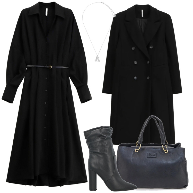 Outfit donna - L\' essenziale. Stile Minimal per Ufficio. Abbinamento con stivaletti, vestiti lunghi, cappotti, ciondoli, borse a mano.