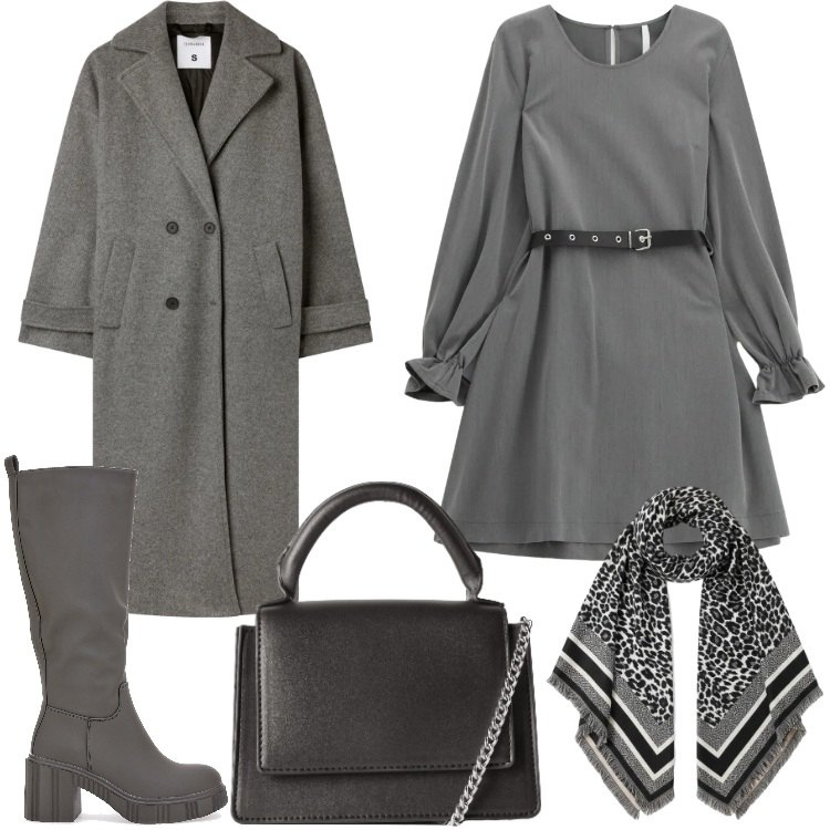 Outfit donna - Il fascino del total look. Stile Trendy per Serata fuori. Abbinamento con borse a tracolla, cappotti, vestiti corti, sciarpe, stivali.