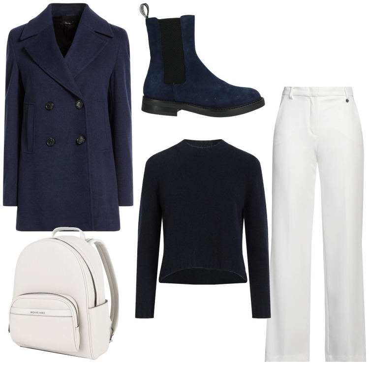 Outfit donna - Winter navy. Stile Casual chic per Tutti i giorni. Abbinamento con stivaletti chelsea, zaini, pantaloni, cappotti, pullovers.