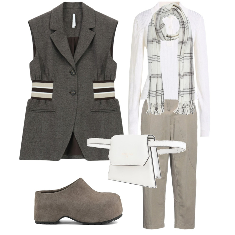 Outfit donna - Total look #2322467. Stile Casual chic per Tutti i giorni. Abbinamento con pantaloni, sciarpe, marsupi, pullovers, gilet, zoccoli.