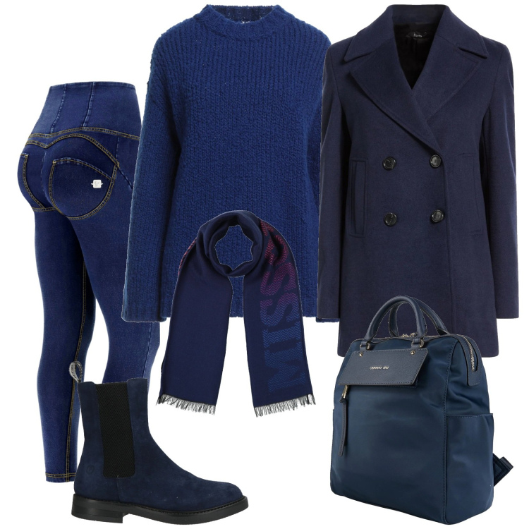 Outfit donna - Total Blu. Stile Basic per Tutti i giorni. Abbinamento con cappotti, stivaletti chelsea, zaini, pullovers, sciarpe, jeggings.