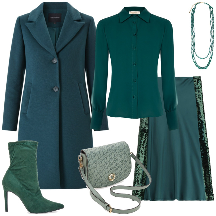 Outfit donna - Total Green.. Stile Chic per Serata fuori. Abbinamento con gonne lunghe, camicie, cappotti, stivaletti, borse a tracolla, collane.