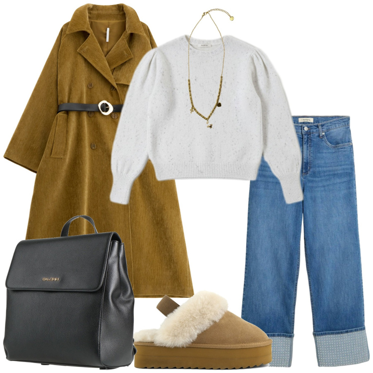 Outfit donna - Total look #2322471. Stile Urban per Tutti i giorni. Abbinamento con jeans dritti, zaini, trench, ciondoli, maglieria, sabot.