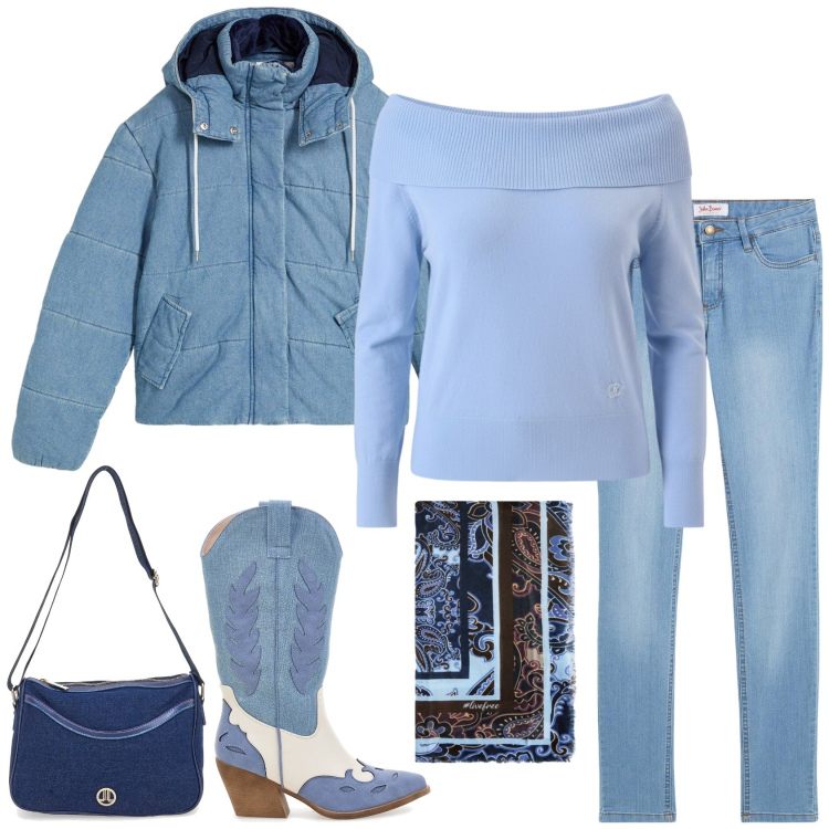 Outfit donna - Total look blue denim. Stile Casual per Tutti i giorni. Abbinamento con jeans skinny, giacche, pullovers, stivaletti texani, foulard, borse a tracolla.