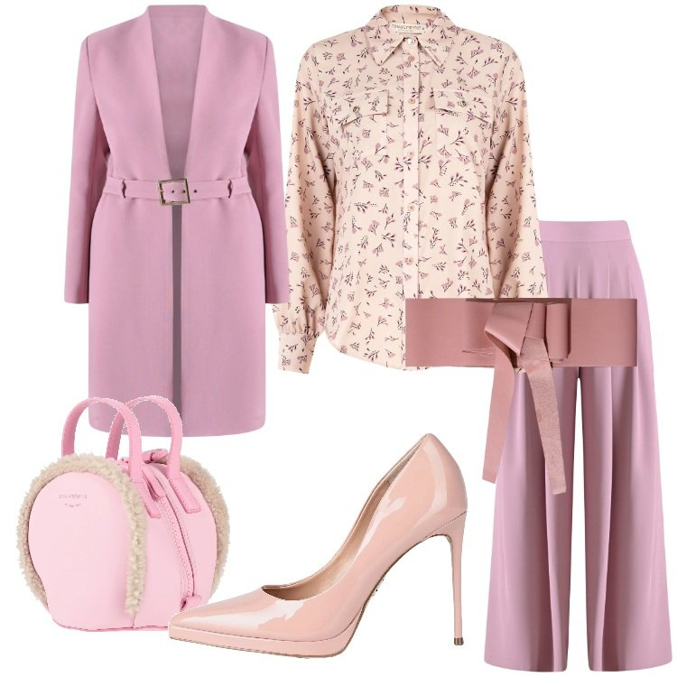 Outfit donna - Gennaio in rosa - @susystyle. Stile Romantica per Cerimonia. Abbinamento con zaini, décolleté, cinture, camicie, pantaloni a palazzo, trench.
