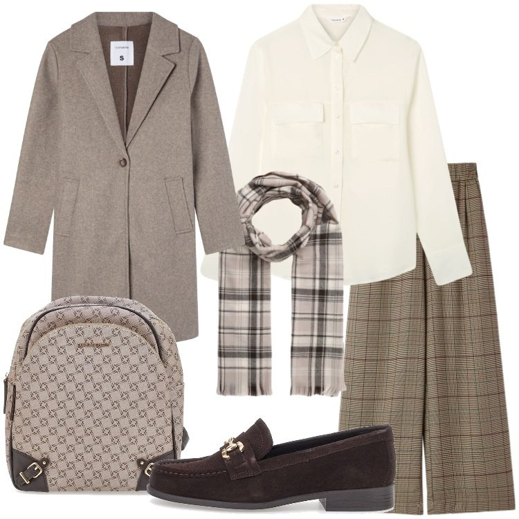 Outfit donna - Terranova - Saldi FW25. Stile Mannish per Ufficio. Abbinamento con pantaloni, cappotti, sciarpe, camicie, mocassini, zaini.