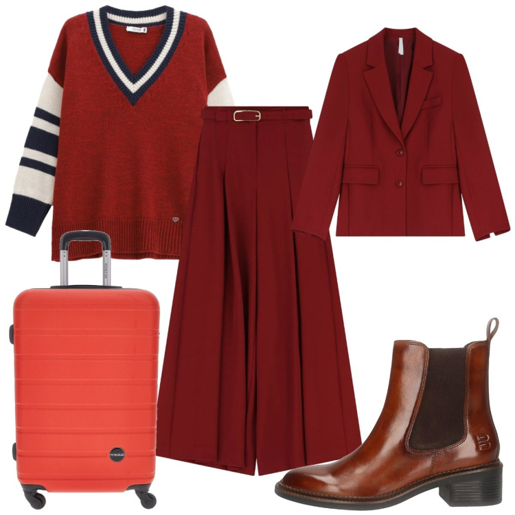 Outfit donna - Total look #2322484. Stile Preppy per Tutti i giorni. Abbinamento con maglieria, pantaloni, blazer, stivaletti chelsea, valigie.