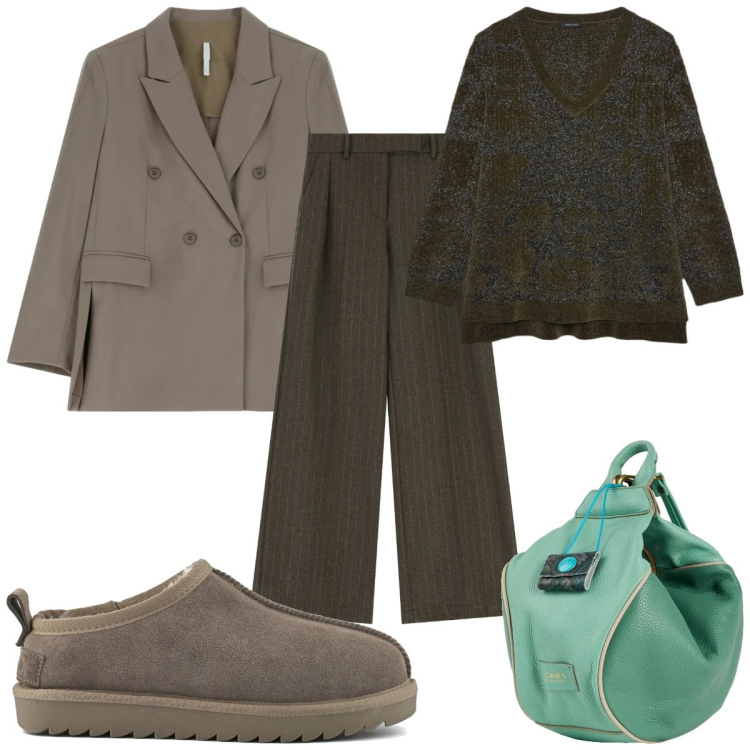 Outfit donna - Total look #2322486. Stile Trendy per Tutti i giorni. Abbinamento con zaini, pantaloni a palazzo, blazer, maglieria, sabot.