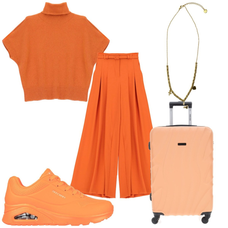 Outfit donna - Total look #2322489. Stile Trendy per Tutti i giorni. Abbinamento con pantaloni a palazzo, maglieria, ciondoli, sneakers, valigie.