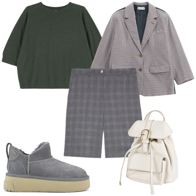 Outfit donna - Total look #2322493. Stile Trendy per Tutti i giorni. Abbinamento con zaini, blazer, maglieria, stivali, bermuda.