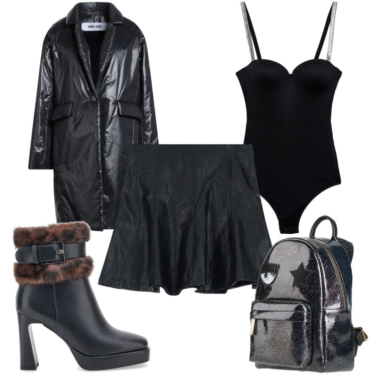 Outfit donna - Total look #2322495. Stile Sexy per Tutti i giorni. Abbinamento con cappotti, zaini, top, minigonne, stivaletti.