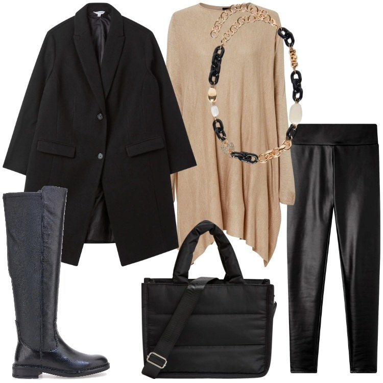 Outfit donna - Stivali al ginocchio e leggings Curvy. Stile Trendy per Tutti i giorni. Abbinamento con maglieria, shopping bag, cappotti, leggings, collane, stivali.