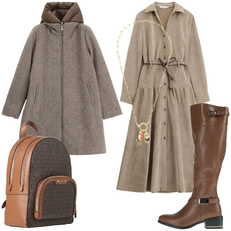 Outfit donna - Stivali ad ginocchio e chemisier. Stile Basic per Tutti i giorni. Abbinamento con stivali, zaini, vestiti lunghi, piumini, ciondoli.