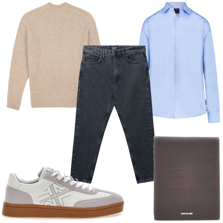 Outfit uomo - Eleganza rilassata : colori neutri. Stile Casual per Tutti i giorni. Abbinamento con jeans strappati, maglieria, portafogli, camicie, sneakers.