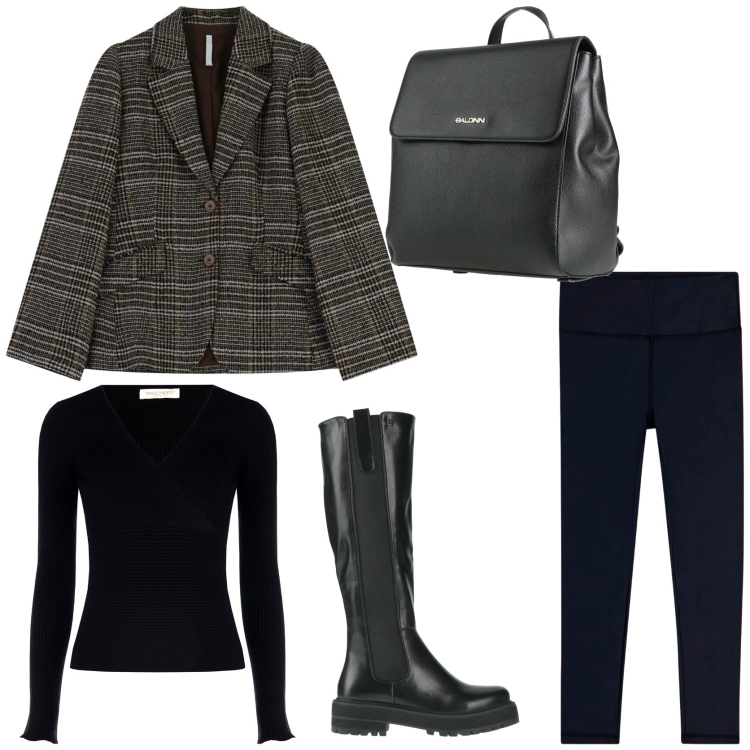 Outfit donna - Winter fashion style. Stile Urban per Tutti i giorni. Abbinamento con stivali, zaini, blazer, leggings, pullovers.