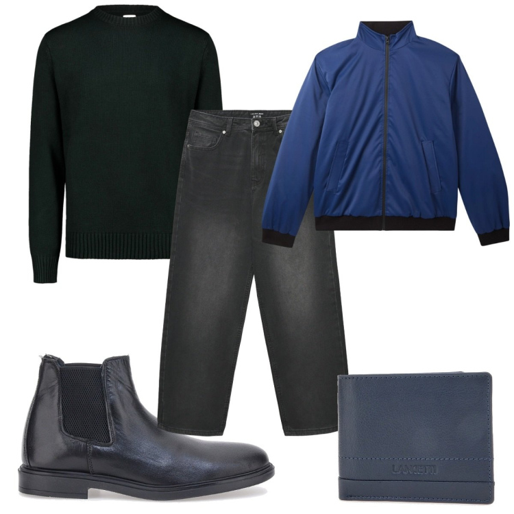 Outfit uomo - Total look #2322507. Stile Casual per Tutti i giorni. Abbinamento con jeans dritti, giacche, stivali e stivaletti, maglieria, portafogli.