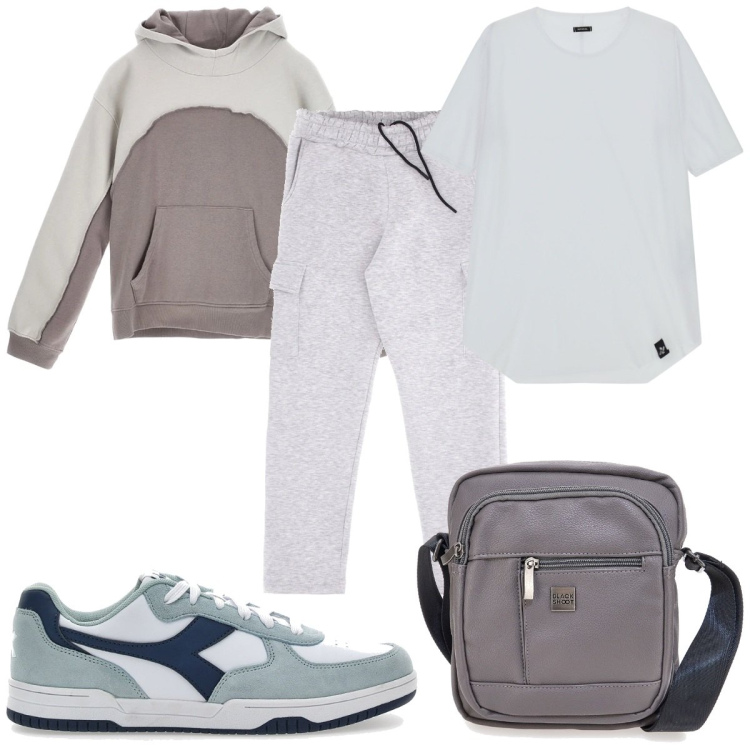 Outfit uomo - Total look #2322508. Stile Trendy per Sport. Abbinamento con t-shirt, sneakers, pantaloni cargo, felpe con cappuccio, borse sportive.