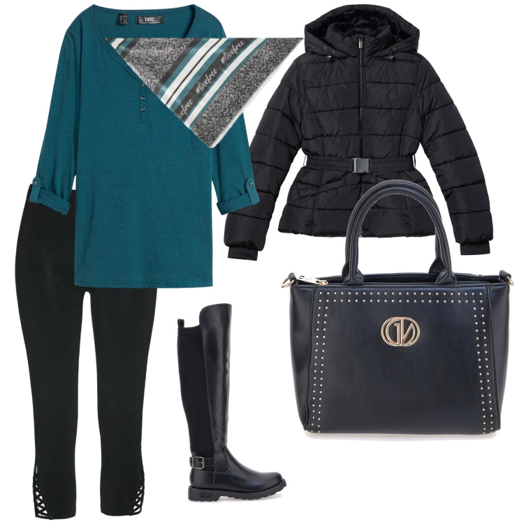 Outfit donna - Al mercato. per Tutti i giorni. Abbinamento con cardigans, leggings, piumini, foulard, stivali, borse a mano.