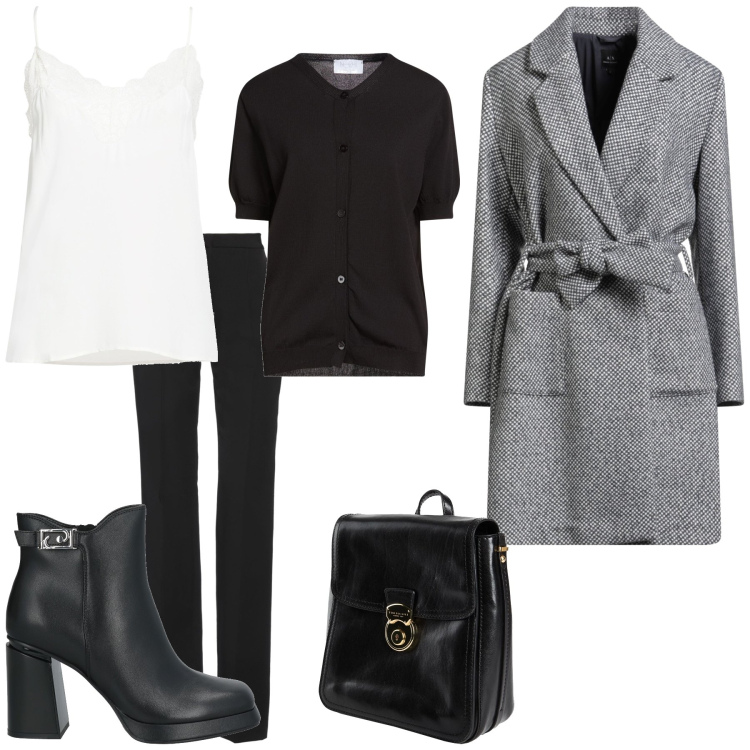 Outfit donna - Minimal black. Stile Minimal per Tutti i giorni. Abbinamento con cappotti, cardigans, stivaletti, zaini, pantaloni, top.