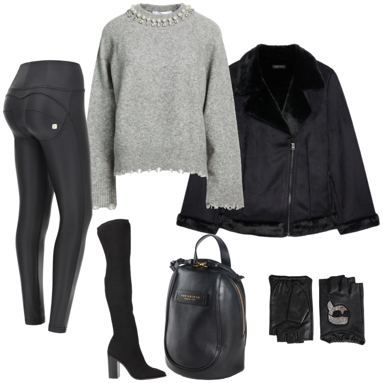 Outfit donna - Pomeriggio di shopping. Stile Rock per Tutti i giorni. Abbinamento con pullovers, stivali sopra il ginocchio, guanti, zaini, pantaloni skinny, giacche.