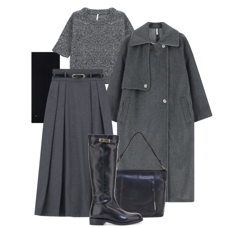 Outfit donna - Total look dove vuoi. Stile Trendy per Tutti i giorni. Abbinamento con gonne lunghe, cappotti, maglieria, sciarpe, stivali, borse a spalla.