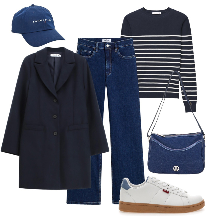 Outfit donna - Blu city time. Stile Urban per Tutti i giorni. Abbinamento con jeans, maglieria, cappotti, sneakers, borse a tracolla, cappelli con visiera.