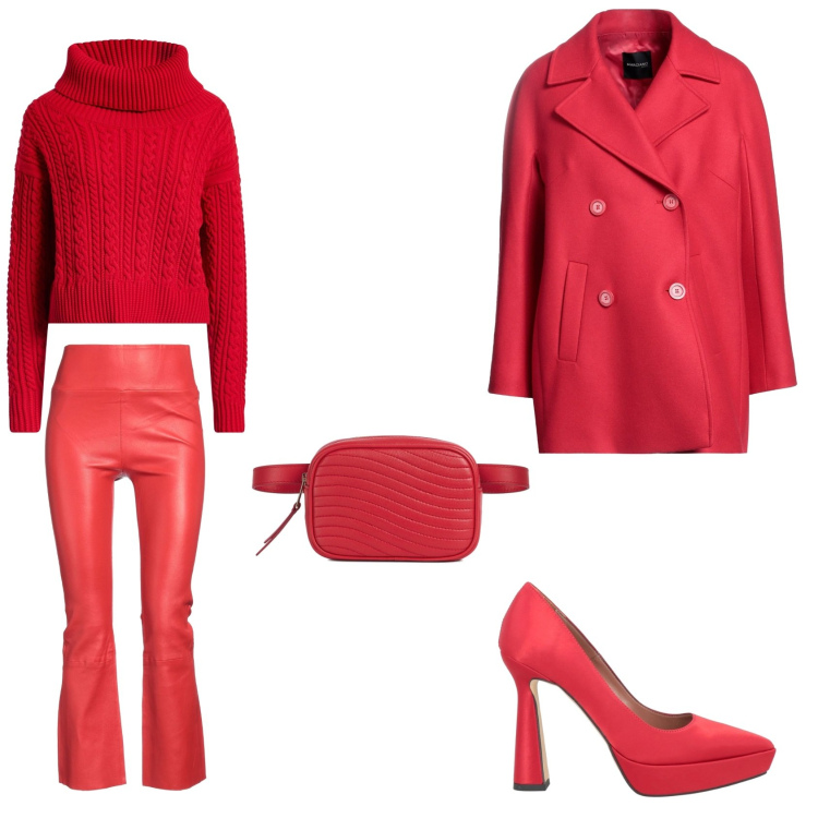 Outfit donna - From red to love.. Stile Glamour per Tutti i giorni. look ideale per Petite. Abbinamento con maglieria, caban, décolleté, leggings, marsupi.