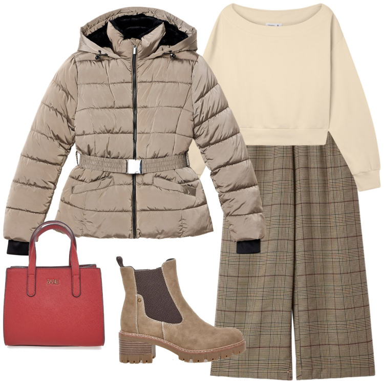Outfit donna - January look. Stile Sporty chic per Ufficio. Abbinamento con pantaloni, felpe, piumini, stivaletti chelsea, borse a tracolla.