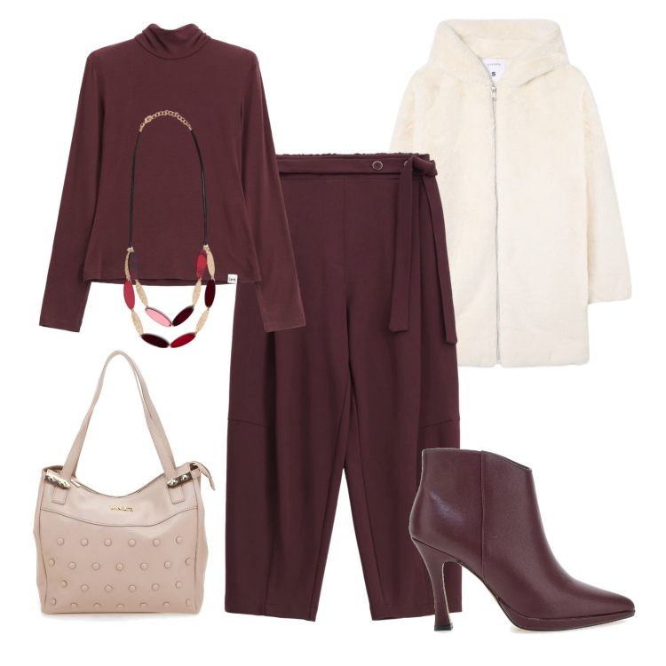 Outfit donna - Stile minimal. Stile Chic per Ufficio. Abbinamento con cappotti, pantaloni, maglieria, stivaletti, shopping bag, collane.