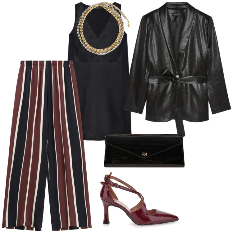 Outfit donna - Invito a cena. per Serata fuori. Abbinamento con pantaloni a palazzo, pochette, blazer, décolleté, vestiti corti, collane.