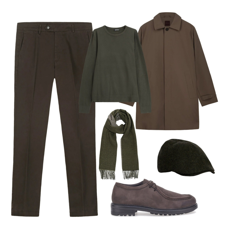 Outfit uomo - Eleganza minimal. Stile Urban per Ufficio. Abbinamento con maglieria, scarpe stringate, pantaloni chino, sciarpe, trench, cappelli con visiera.