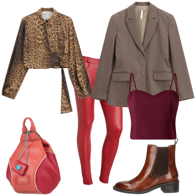 Outfit donna - L\'amica estrosa versione animaler. Stile Glamour per Tutti i giorni. Abbinamento con zaini, camicie, blazer, pantaloni skinny, top, stivaletti chelsea.