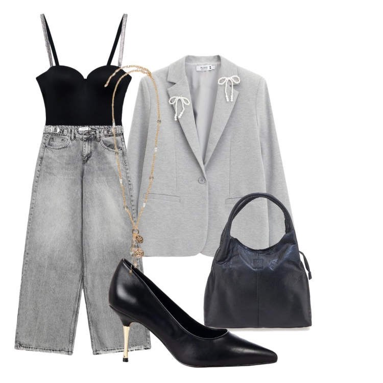 Outfit donna - Total look #2322551. Abbinamento con top, jeans, blazer, décolleté, ciondoli, borse a mano.